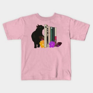 Black cat with books Kids T-Shirt